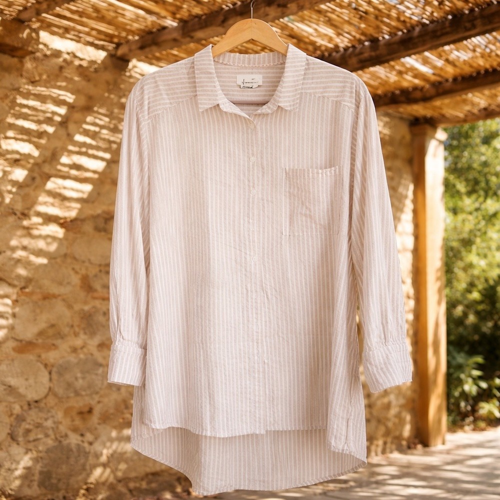 Anthropologie XL Striped Button Down Tunic Shirt Tan White Cotton Blend Relaxed